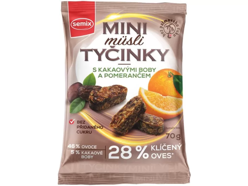MINI MÜSLI TYČINKY S KAKAOVÝMI BOBY A POMERANČEM BEZ LEPKU 70 G - DMT 5/2025