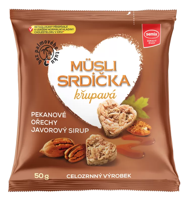 Müsli srdíčka S PEKANOVÝMI OŘECHY A JAVOROVÝM SIRUPEM  50 g - DMT 10/2025