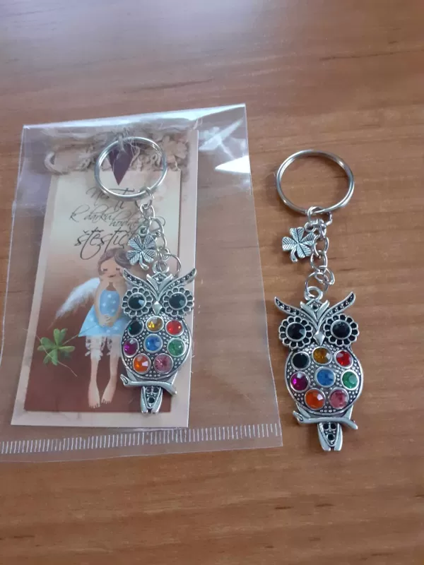 Sovička s barevnými kamínky s přízdobou čtyřlístek štístko